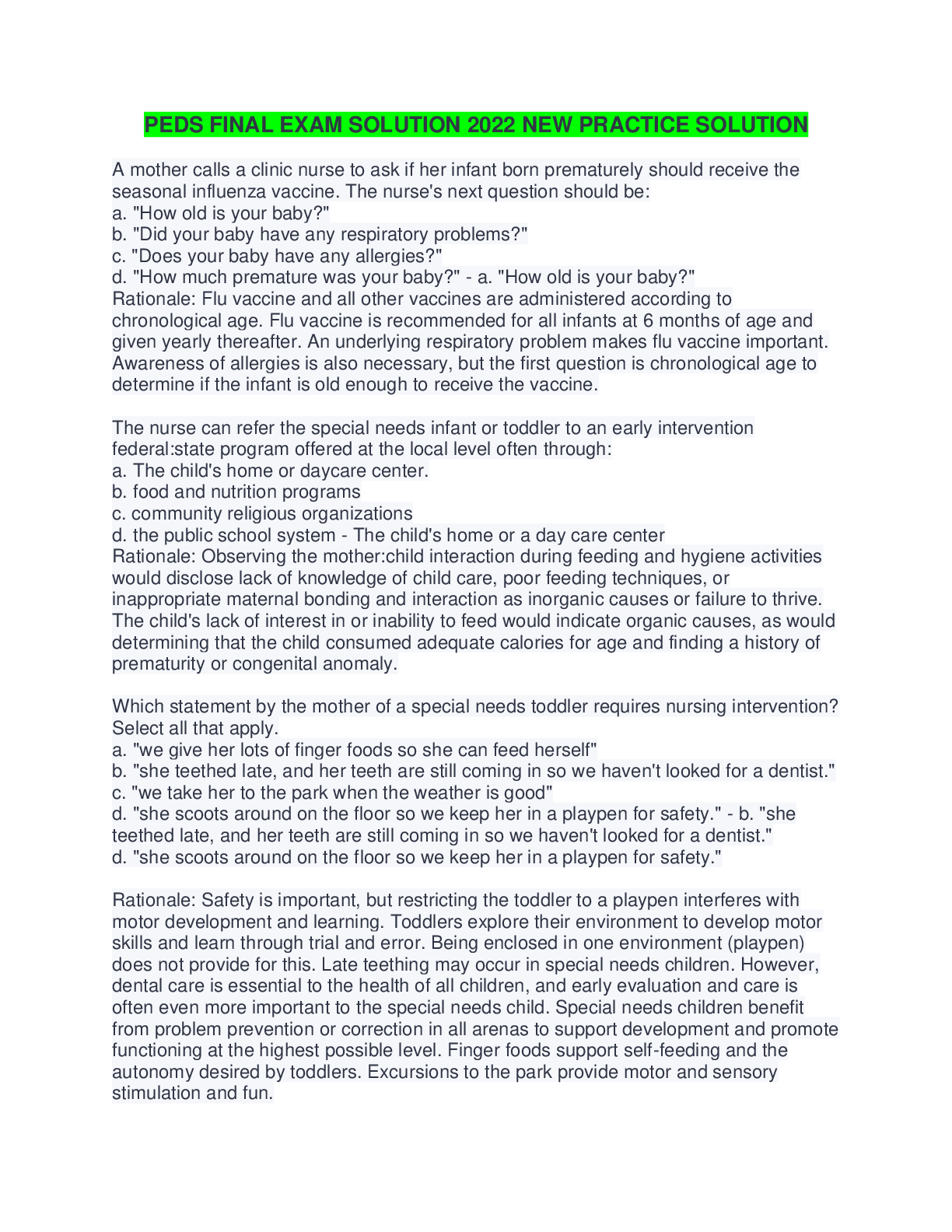 Preview of PEDS FINAL EXAM SOLUTION 2022 NEW PRACTICE SOLUTION
